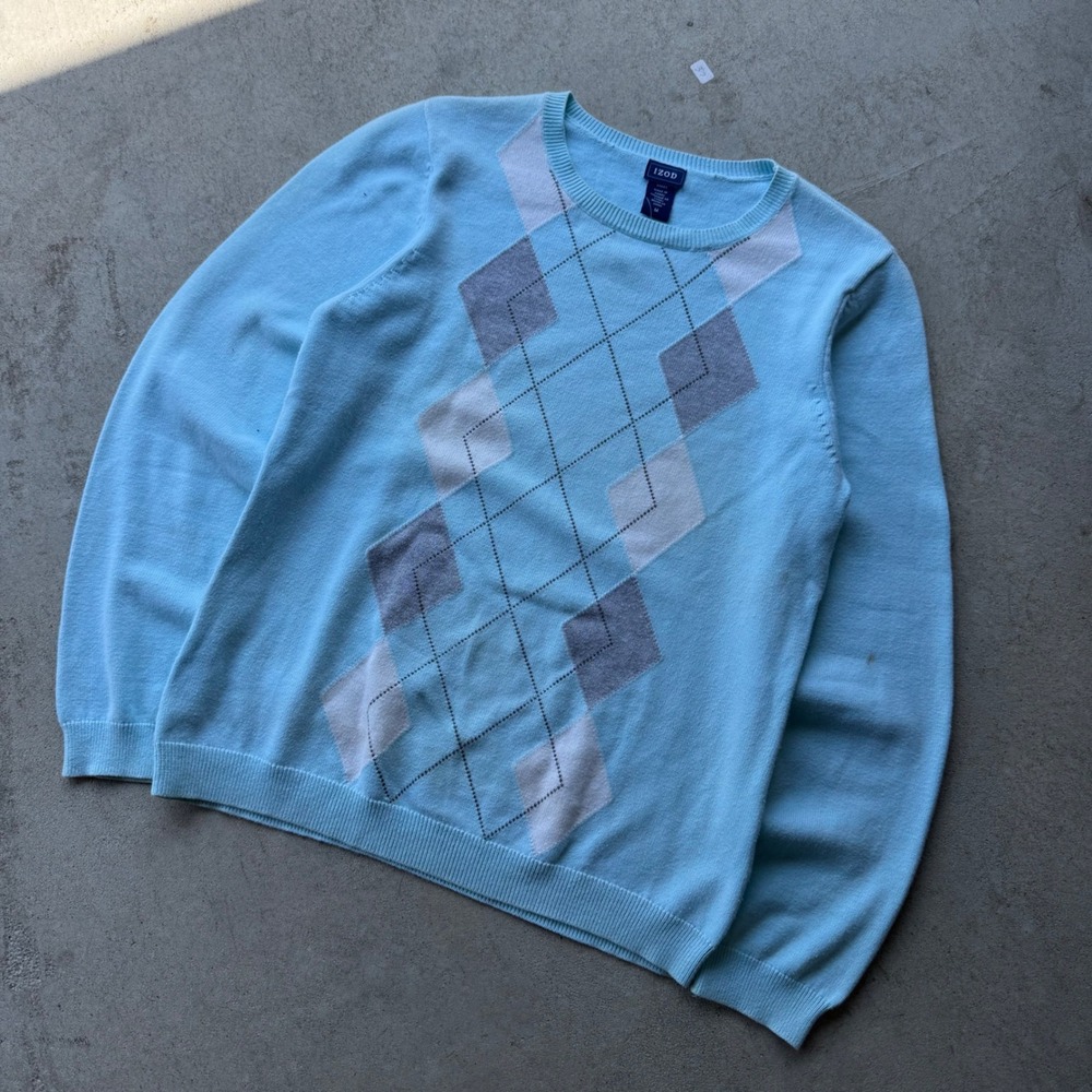 Y2K Women IZOD Argyle Crewneck Sweater Preppy Light Blue Medium